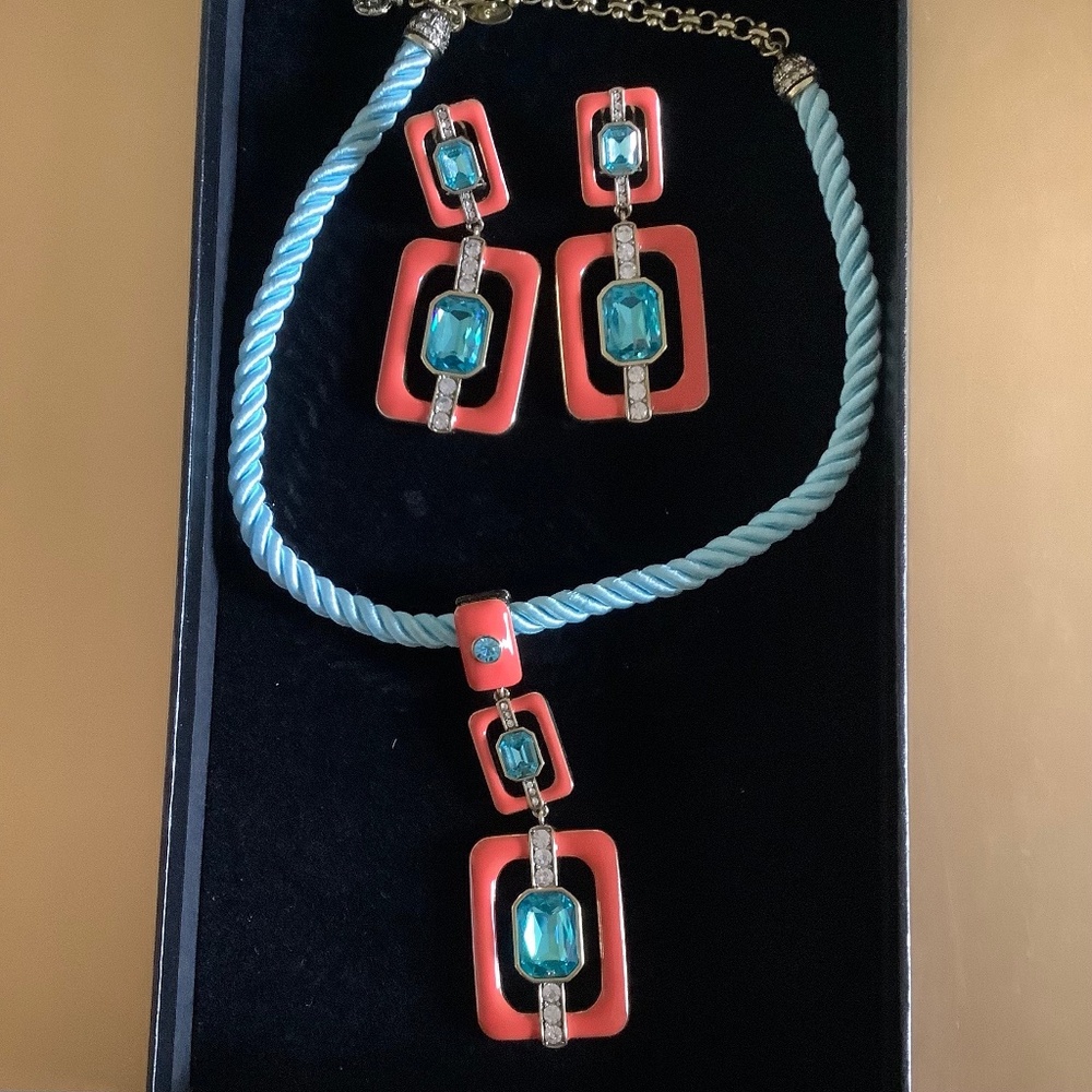 Heidi Daus Thoroughly Modern Crystal Enamel Necklace and Earrings Coral Aqua
